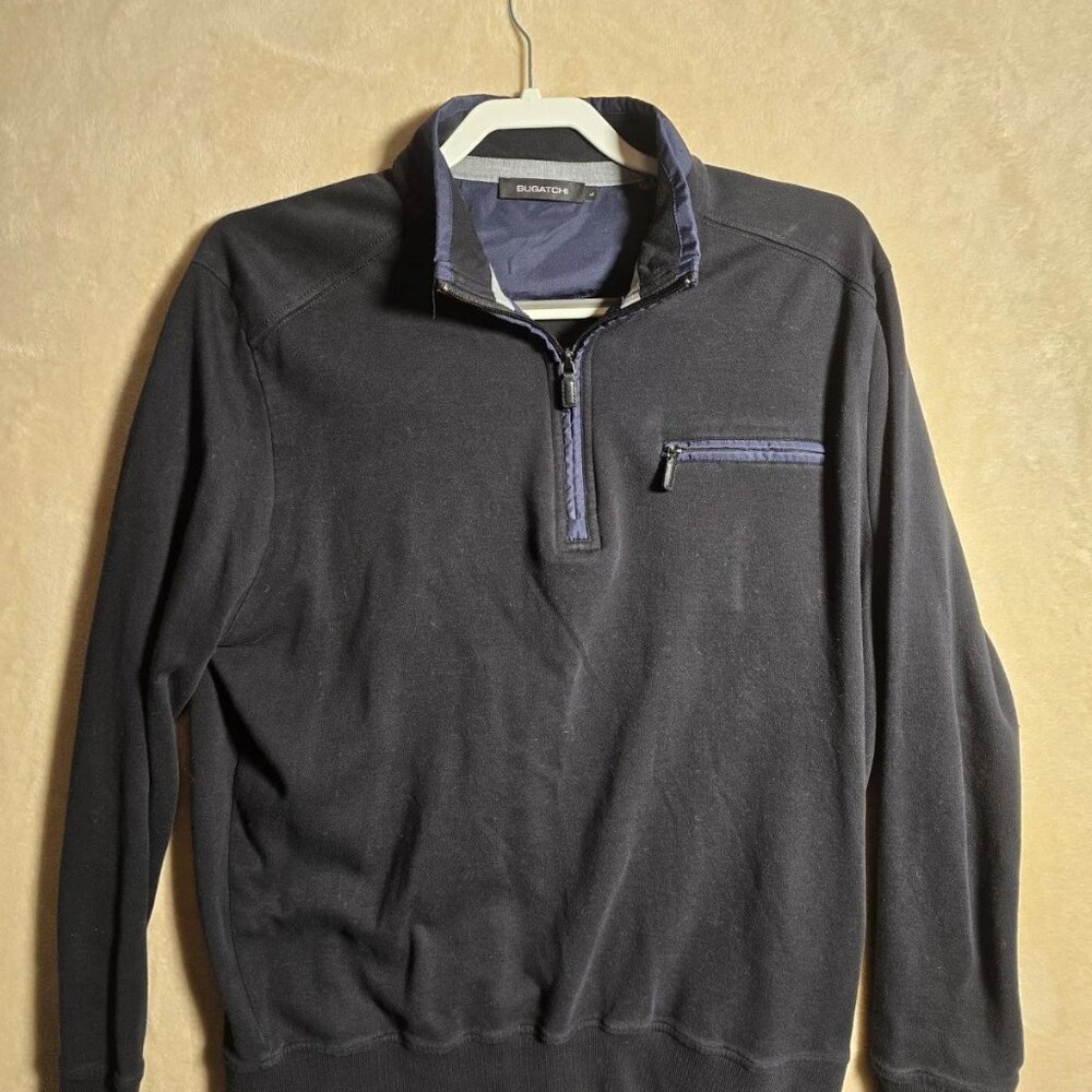 Bugatchi Men’s Large 1/4 Zip Pullover Black Mock Neck Zipper‎ Pocket Sweater 462